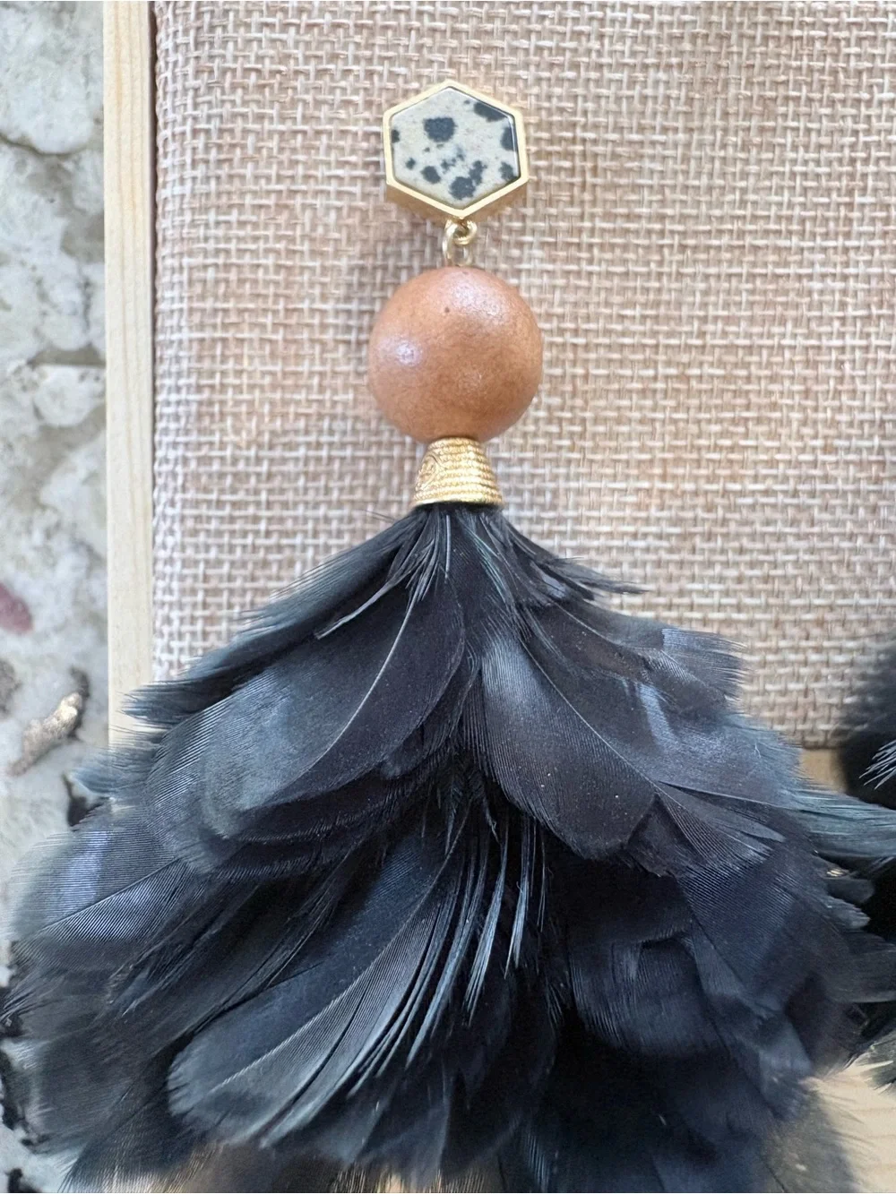 Tory Burch black feather drop earrings with black / ivory / brown stone accents